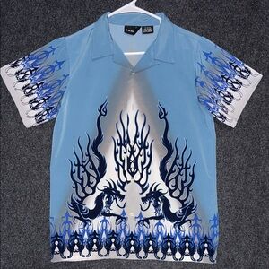 No Boundaries Y2K  Blue and White Dragon Print Men's Shirt